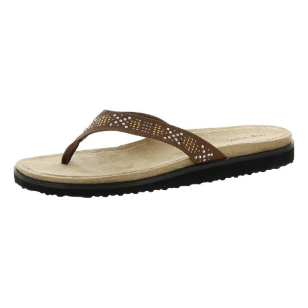 Easy Street Women's Stevie Printed Open Toe Thong Sandals Tan Nailheads 9M NWB